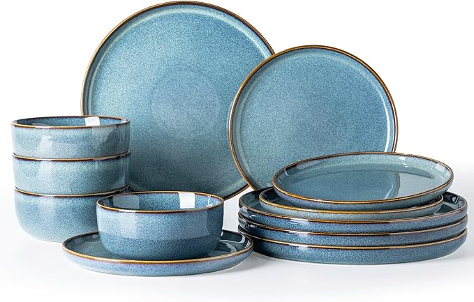 GBHOME Ceramic Dinnerware Sets for 4, 12 Pieces Stoneware Plates and Bowls Sets, Reactive Glaze Dishes -Scratch Resistant, Dishwasher&Microwave Safe, Space Blue