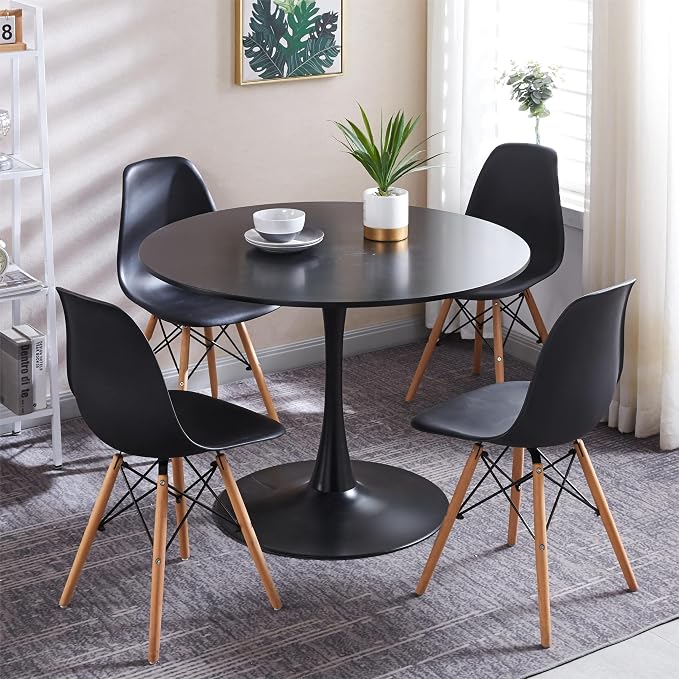 5-Piece Round Dining Table Set,42" Mid-Century Modern Kitchen Table with 4 Chairs,Tulip Pedestal Table & Solid Wood Legs,Space Saving Compact Furniture for Small Spaces Apartment Home,Black