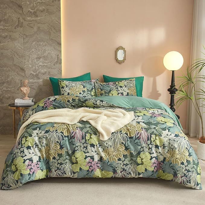 EAVD Tropical Leaves Duvet Cover Twin Soft Cotton Chic Plant Green Leaf Pattern Bedding Set with 2 Pillowcases Fresh Botanical Leaves Comforter Cover with Zipper Closure