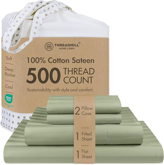 Threadmill 500 Thread Count King Size Damask Stripe, 4 Pc Luxury Cotton Bed Sheet Set, Silky Soft Sage Green Sheets with 16" Elasticized Deep Pocket, 2 Pillowcases & Free Tote Bag