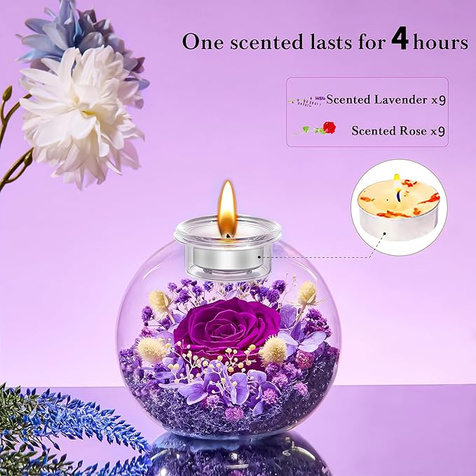DEEMEI Gifts for Women Christmas Birthday Gifts for Women Preserved Real Rose in Glass Dome with Scented Fresh Flowers for Delivery Prime Eternal for Her Mom Grandma Wife Girlfriend Sister, Purple