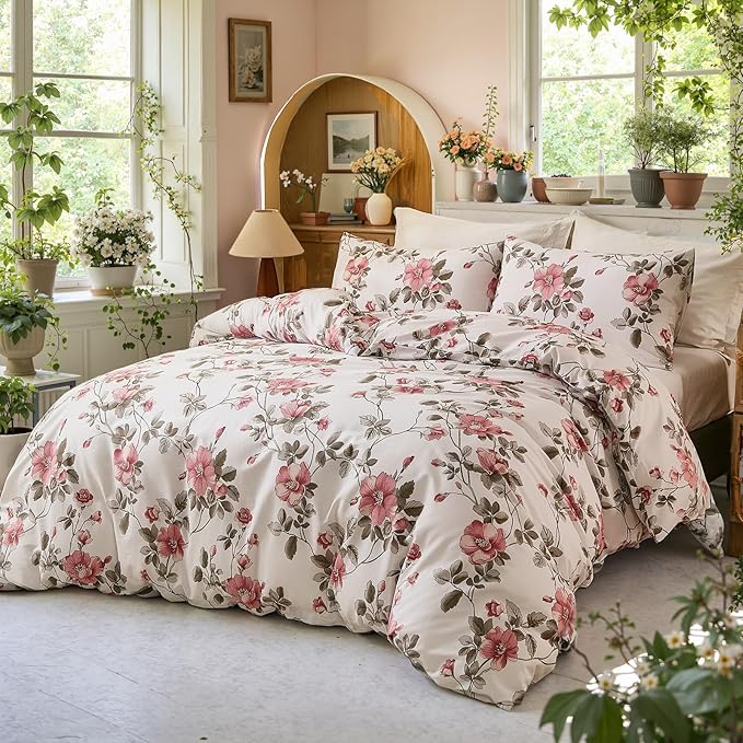 Bedding_Dreamer Floral Comforter Set 100% Cotton Comforter Sets Queen 3pcs Vintage Boho Floral Bedding Ultra Fluffy Soft Reversible Lightweight All Seasons Bedding Set Cottagecore Botanical Comforters