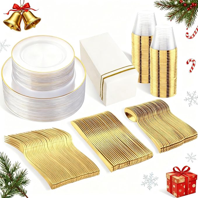 SUT 350Pcs Plastic Dinnerware Set for 50 Guests, Clear and Gold Plastic Plates, Disposable Plates and Napkins Party Supplies, Gold Silverware, Plates, Cups and Napkins Sets for Party Weddings