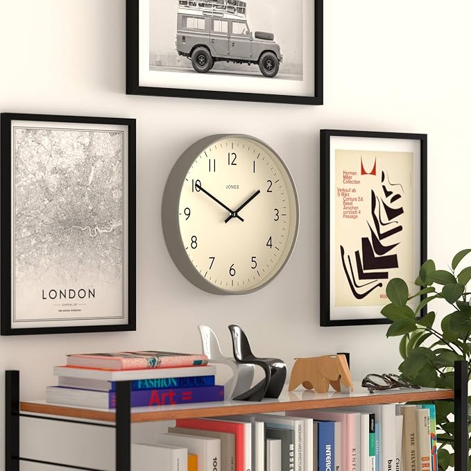 JONES CLOCKS® Studio Clock | Modern Round wall Clock | 12 inch | Gray | Easy to Read Numbers | Versatile Design for Kitchen, Living Room or Office