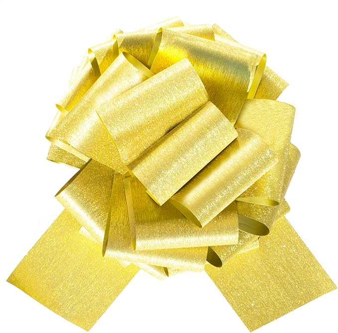 Golden Pull Gift Bows– 10 Inch 2 Pack Instant Brushed Gold Glitter Bows for Present Wrap, Christmas, Wedding, Anniversary, Birthdays, Baby Shower Decorations