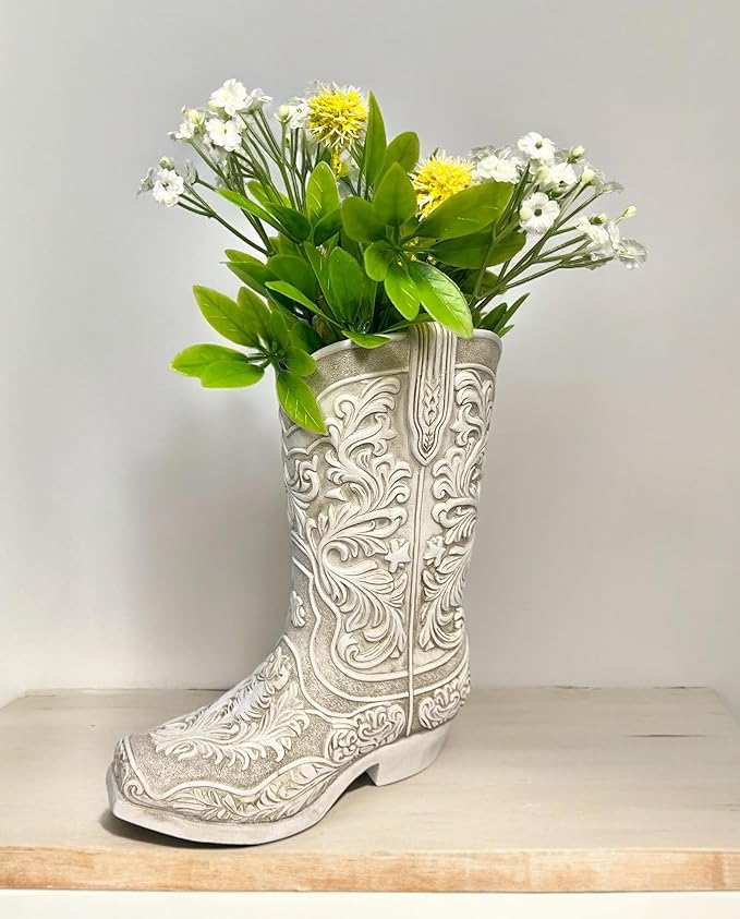 Cowgirl Boot Flower Vase – 9” Tall Antique White Finish with Intricate Tooled Leather Detailing - Decorative Western Cowboy Modern Rustic Decor