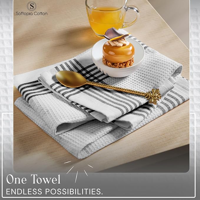 Waffle White & Black 4 Pack Kitchen Dish Towels, 100% Cotton, 16x26 inches, Wash Rags for Drying Dishes, Highly Absorbent, Long Lasting Hand Towels Set for Daily Cooking & Cleaning