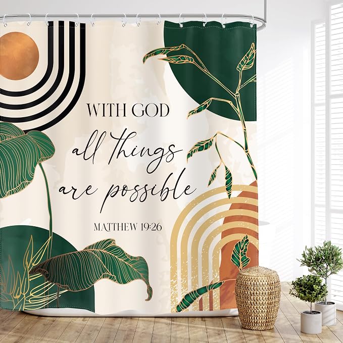 Glawry Green Boho Bible Verse Shower Curtain Christian Scripture Inspirational Quotes Abstract Tropical Palm Bathroom Mid Century 60Wx72L Inches Bath Accessories Art Home Decor Fabric 12 Hooks