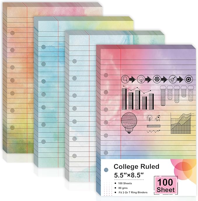 100 Sheet 5.5" x 8.5" Colored Loose Leaf Paper Half Letter Lined Paper 7 hole punched Wide Ruled Paper Refills College Ruled Notebook Paper Watercolor 80GSM For 3 Or 7 Ring Binders