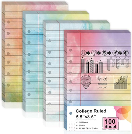 100 Sheet 5.5" x 8.5" Colored Loose Leaf Paper Half Letter Lined Paper 7 hole punched Wide Ruled Paper Refills College Ruled Notebook Paper Watercolor 80GSM For 3 Or 7 Ring Binders