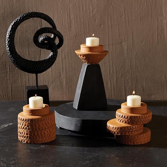 47th & Main Votive Candleholder Large Boho Terra Cotta Candle Holder, 4" Tall, Stacked Disks