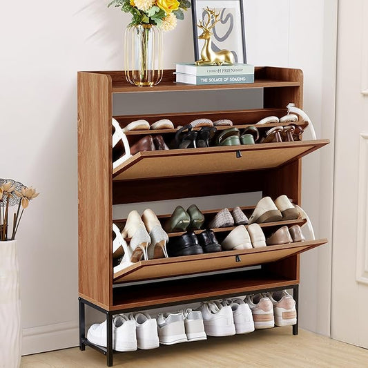 LEVNARY Shoe Storage Cabinet with 2 Flip Drawers, Wooden Narrow Shoe Cabinet Storage for Entryway, Freestanding Shoe Rack Organizer Cabinet with Metal Legs for Hallway (1, Walnut)