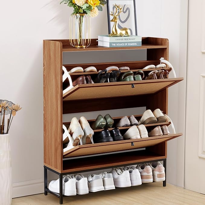 LEVNARY Shoe Cabinet Set of 2, Wooden Narrow Shoe Racks Cabinet Storage with 2 Flip Drawers, Hidden Freestanding Shoe Organizer for Hallway, Entryway, Home (2, Walnut)