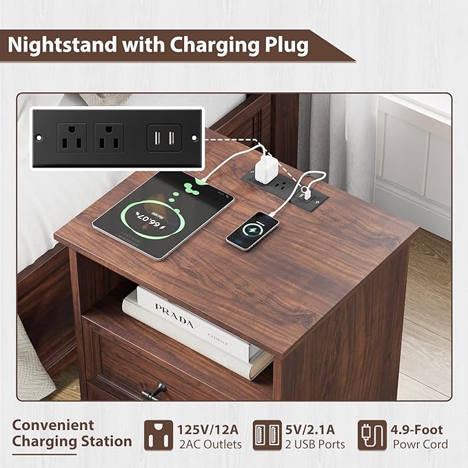 Walnut Nightstand with Charging Station, Farmhouse End Table with 2 Drawers Storage, Wooden Night Stand, Bedside Table with Open Shelf, Bedside Cabinet for Bedroom, Living Room