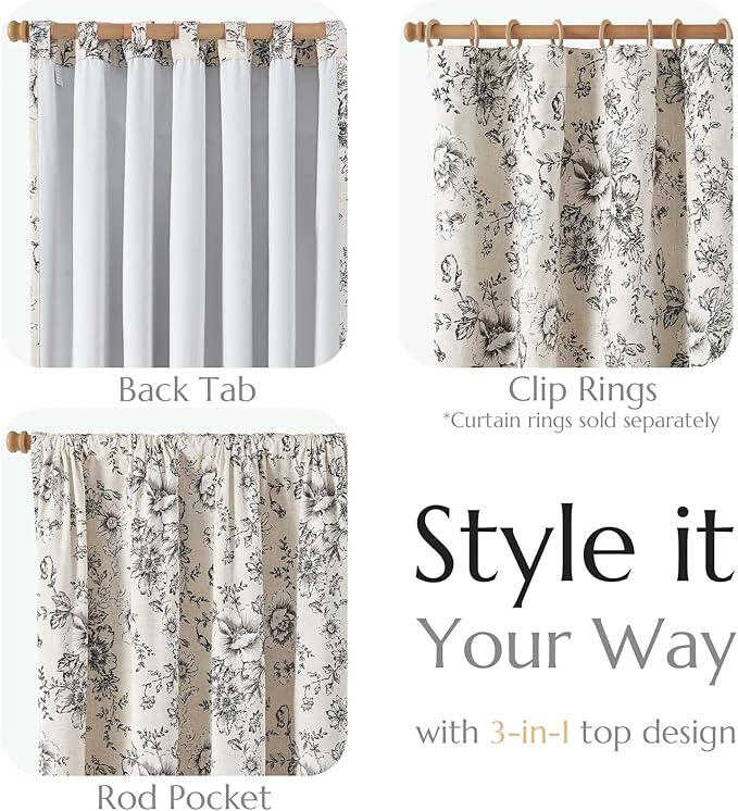 jinchan Blackout Linen Blend Curtain Floral Blackout Curtains for Living Room 120 Inch Length Black Printed with Lined Blackout Curtain for Bedroom Farmhouse Curtains Set 2 Panels
