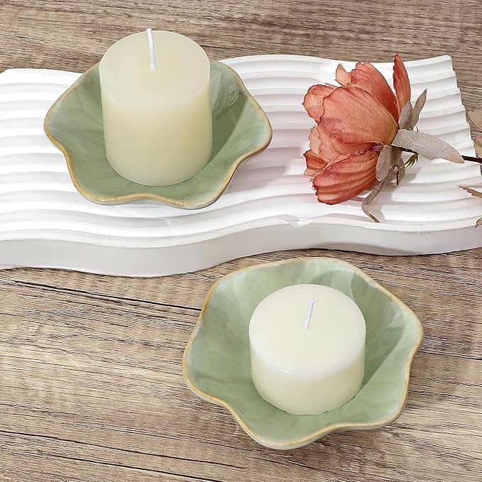 Koythin 2-Piece Ceramic Candle Holder, Aesthetics Candlestick Holders for Tea Lights, Lotus Leaf Shape Candle Stand for Mantle Table, Adorable Vintage Decor for Weddings Dining (Light Green)