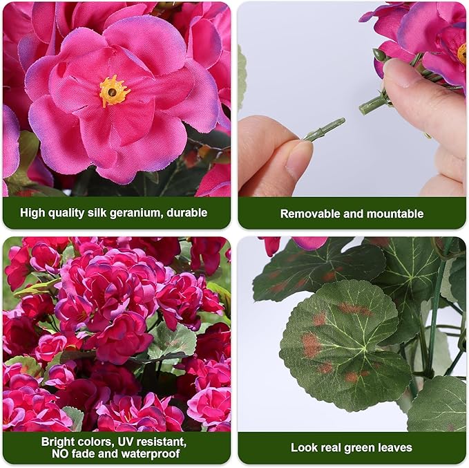 Artificial Geranium Fake Flowers for Outdoors Decoration, 6 Bundles Silk Geraniums Flower UV Resistant Look Real Faux Plants for Outside Planter Front Door Garden Patio Balcony Yard Home, Fuchsia