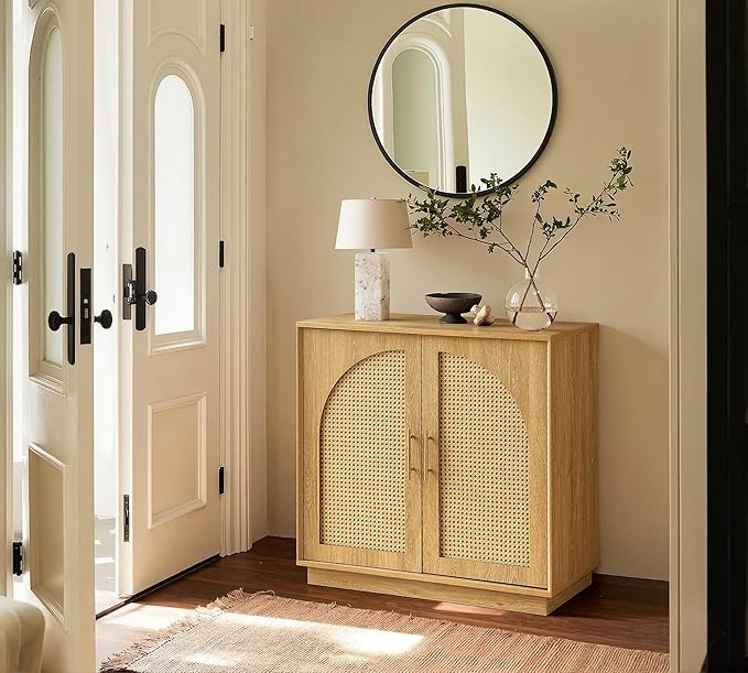 FORTUNETEC Sideboard Buffet Cabinet with Storage Set of 3, Modern Accent Cabinet with Rattan Arched Doors, Modular Media Console, Boho Credenza for Living Room Kitchen Dining Room Entryway, Oak