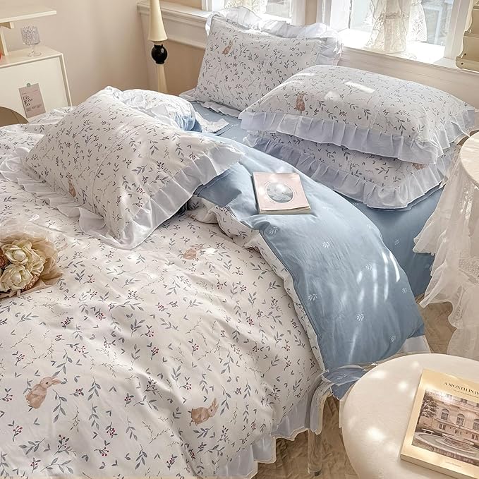 VM VOUGEMARKET Kids Comforter Set Full with Ruffles Botanical Rabbit Prints Bed Comforter with 2 Pillow Shams Lightweight Farmhouse Flower Quilt Set(3pcs,Full)