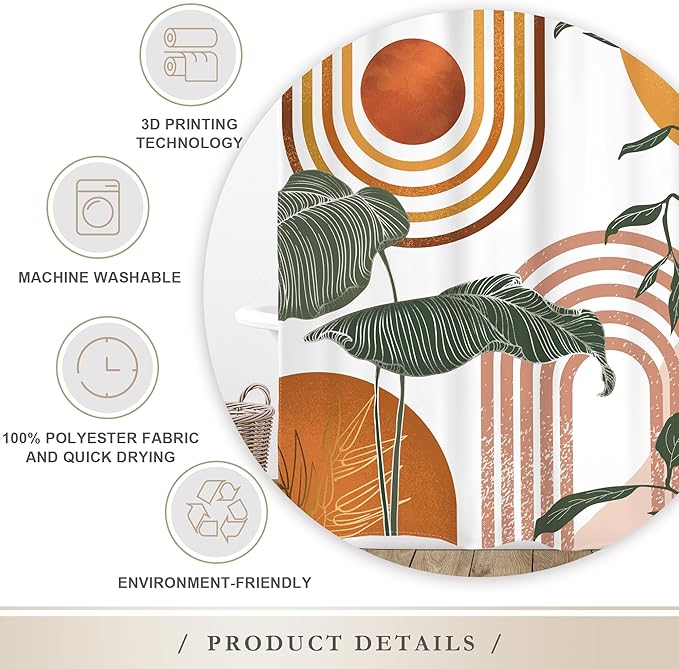 Glawry Orange Pink Boho Mid Century Shower Curtain Abstract Retro Tropical Palm Leaf Plant Sun Arch Minimalist Bathroom Geometric 72Wx72L Inches Bath Accessories Art Home Decor Fabric 12 Hooks