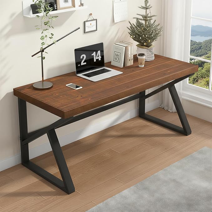 IBF Solid Real Wood Desk, Minimalist 47” Natural Wood Computer Desk, Rustic Desk for Home Office Writing Study, Vintage Industrial Wooden PC Gaming Workstation Computer Table, Brown, 47 Inch