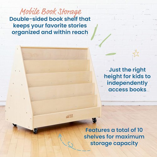 ECR4Kids Double-Sided Wooden Book Display - Montessori Storage Solution | Natural Finish