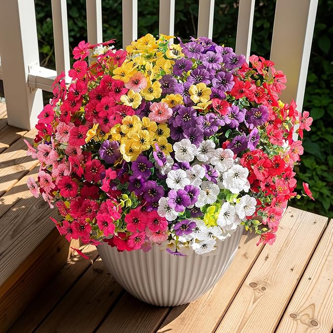 24 Bundles Artificial Flowers for Outdoor Indoor Garden Home Decoration, Look Real for Front Door Porch Patio Yard Balcony, Faux Flower Daisy with Eucalyptus Leaves Fake Plants, 4 Colors