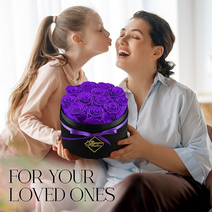 GLAMOUR BOUTIQUE Flowers Forever Gift Box 12 Real Preserved Roses in a Velvet Box, Birthday for Her Mom and Wife, Mothers Day, Anniversary, Graduation - Purple
