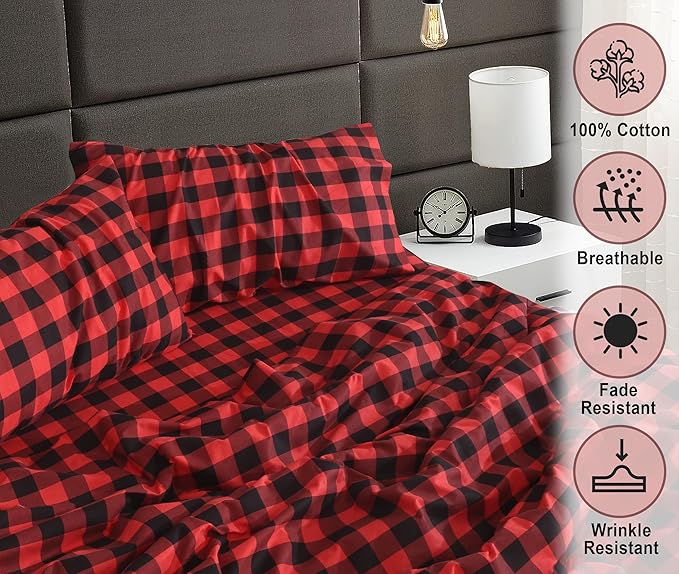 RUVANTI Flannel Sheets Twin Size - 100% Cotton Double Brushed Twin Sheets Set, Deep Pockets 16 Inches, All Seasons Breathable & Extra Soft Bed Sheets, Warm & Cozy, 3 Piece, Red & Black Plaid