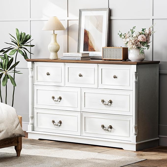 Farmhouse 7 Drawer Dresser for Bedroom, 52" Wide Rustic Chest of Drawers with Retro Handle, White Dresser with Natural Texture, Wood Vintage TV Stand for Living Room, Hallway, Antique White