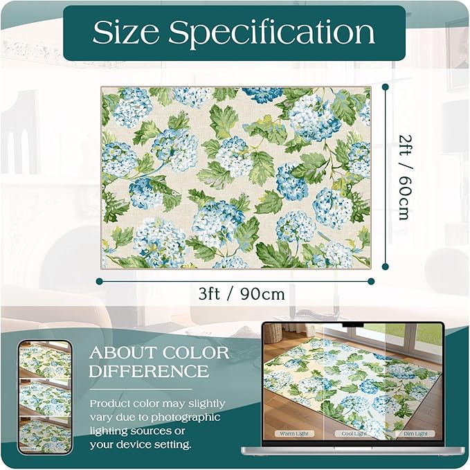 Front Door Mat Outside Entrance - 2x3 Spring Non-Slip Washable Doormat Indoor Outdoor Entrance Light Blue Green Floral Rug Small Throw Rugs for Entryway Bedroom Kitchen Front Porch Decor