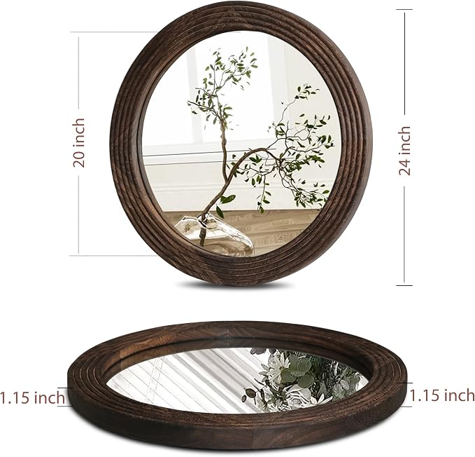LOSOUR Round Mirror, Farmhouse Decor Solid Wood Frame Wall Circle Mirror, Decorative Mirrors for Bathroom Over Sink, Living Room, Entryway,Bedroom, Entryway, Hallway,Foyer (2, Coffee, 24" L x 24" W)