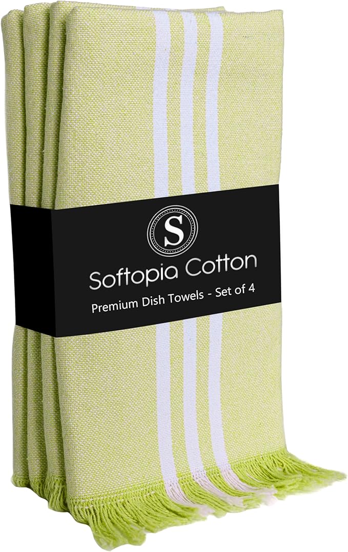 Stripe Tea Towels 4 Pack, 16x26 Inches, Dish Towels for Kitchen Drying, Reusable Rags, Absorbent and Washable Cloths, Cleaning Towels for Dishes and Everyday Use - Lemon Green