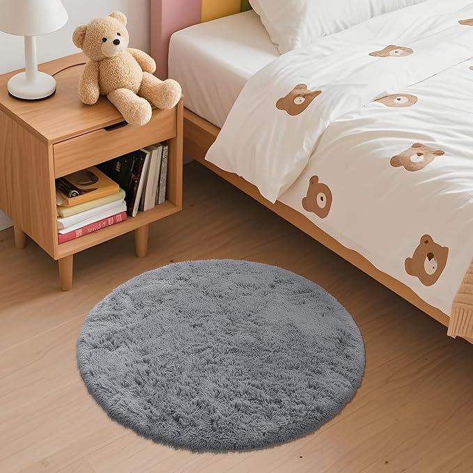 OLANLY Light Grey Round Rugs for Bedroom - Machine Washable, 2 ft Circle Area Rugs for Living Room, Soft and Fluffy Shaggy Carpet for Teen Girls and Boys, Nursery Rooms, Dorms, Home Decor Aesthetic
