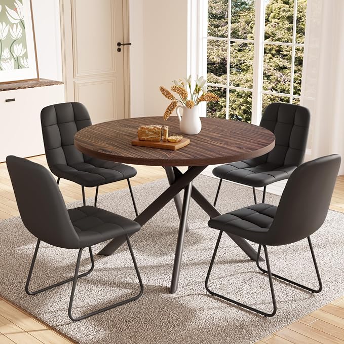 HIPIHOM 45.3 Inch Round Dining Table Set for 4, Mid Century Modern MDF Coffee Set for Dining Room Kitchen Apartment (Dark Walnut Table + 4 U-Shaped Black Chairs)