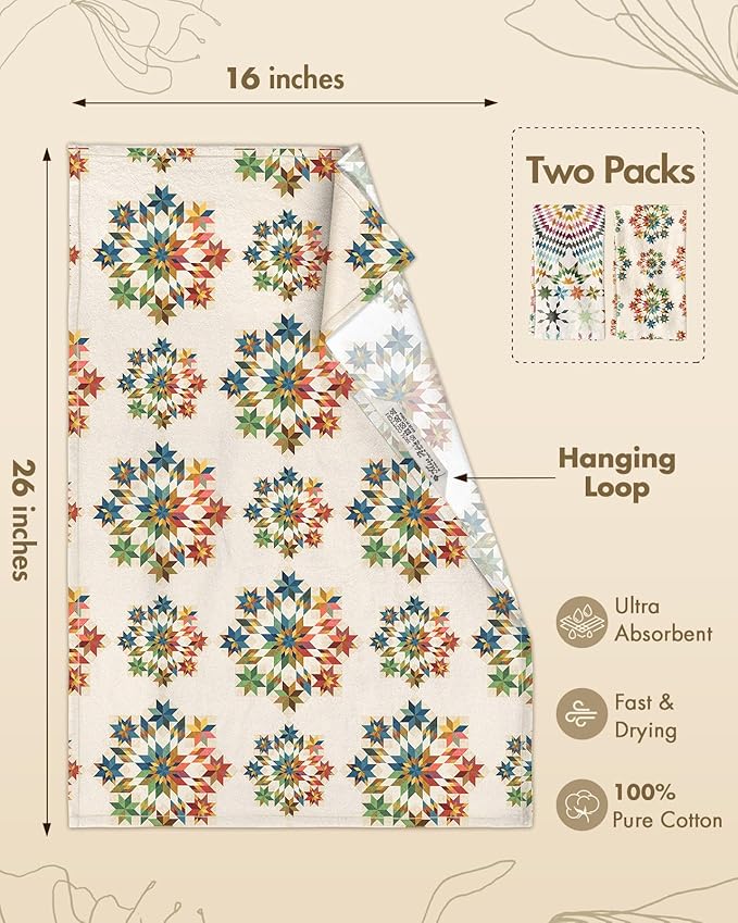 Miss Adola 2 Pack Flour Sack Kitchen Towels - 16x26 Inch Cotton Dish Towels with Hanging Loop Reusable Geometric Boho Modern Retro Tea Towel Absorbent Dishcloths Home Decor, Starburst Design