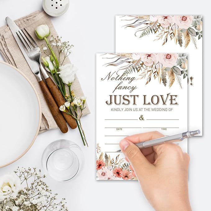 Boho Pampas Grass Wedding Invitations, 5"x 7" Nothing Fancy Just Love Wedding Invites Cards With Envelopes, 25 PCS for Party Decorations and Supplies - A03