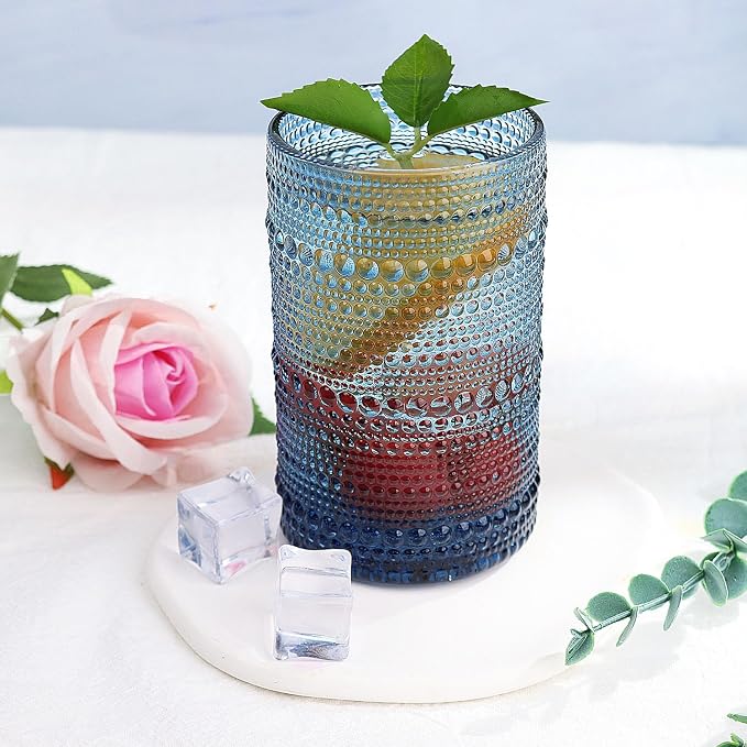 Hobnail-Drinking Glasses 13oz Vintage Glassware Sets Cocktail Juice Glasses Set of 6, Sapphire