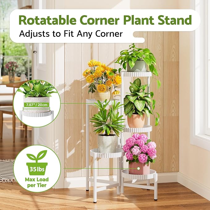 5 Tier Large Plant Stand Indoor with 7.9 Inch Wide Tray, Tiered Corner Metal Outdoor Flower Display Holder Shelf, Folding Tall Rack for Patio Porch Living Room Balcony - WhiteFloroma