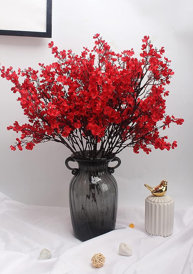 JAKY-Global 10pcs Babys Breath Artificial Flowers with Vase Gypsophila Bouquet Bulk Fake Spring Silk Flowers Real Touch Faux Floral for Home Bedroom Kitchen Garden Wedding Christmas DIY Decor (Red)