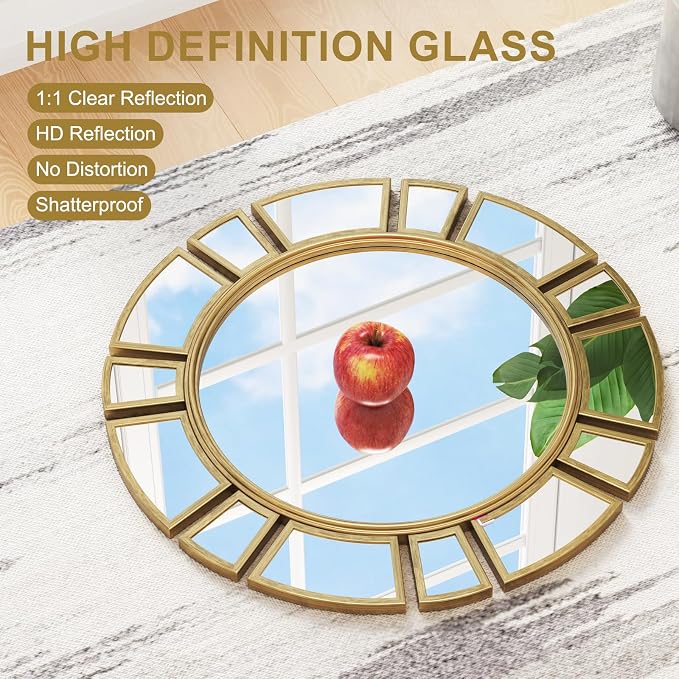 CozyDH Retro Gold Sunburst Mirror Decor - 24 inch Round Wall Mirror Decorative with Metal Frame Modern Bohemian Sun Art Decor Mirror for Entryway Bedroom Living Room Hallway Bathroom Fireplace