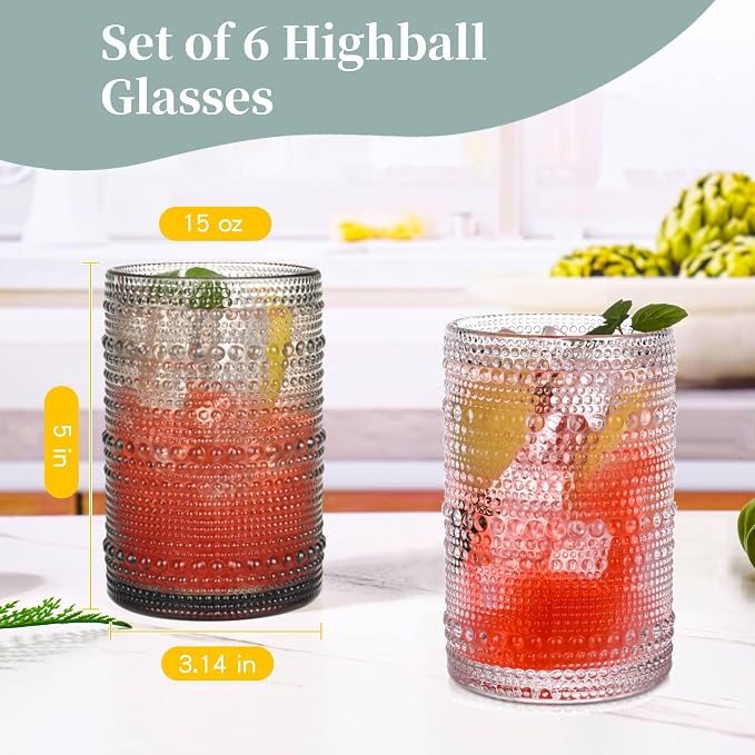 Gray Hobnail Drinking Glasses Set of 6,15 oz Vintage Highball Glasses,Drinkware Kitchen Glasses for Cocktail,Iced Coffee,Beer,Ice Tea,Wine,Whiskey,Water