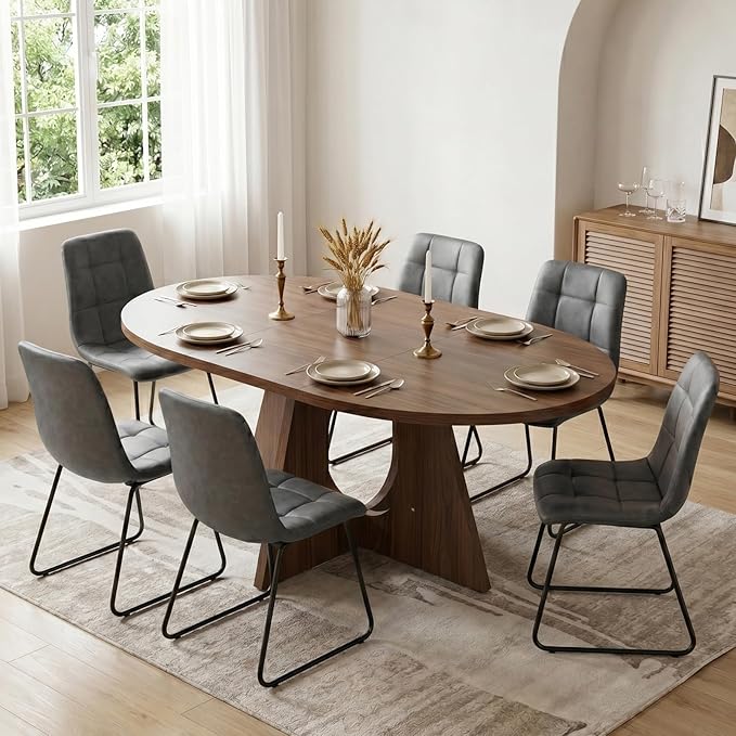 HIPIHOM Modern Round Expandable Dining Table Set for 6, 43.3"-59" Walnut Kitchen Table with 6 PU Leather Chairs, 7-Piece Mid-Century Dining Room Set