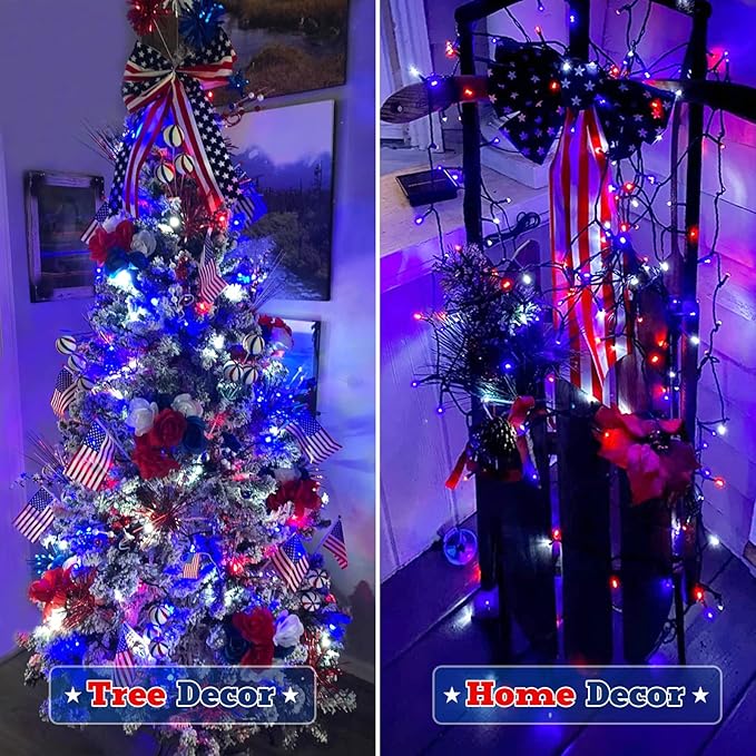 JMEXSUSS 2 Pack Red White and Blue Solar Lights, 200LED 75.5ft Patriot Solar String Lights Outdoor Waterproof, 8 Modes 4th of July Light for Independence Day Patio Garden Tree Decorations