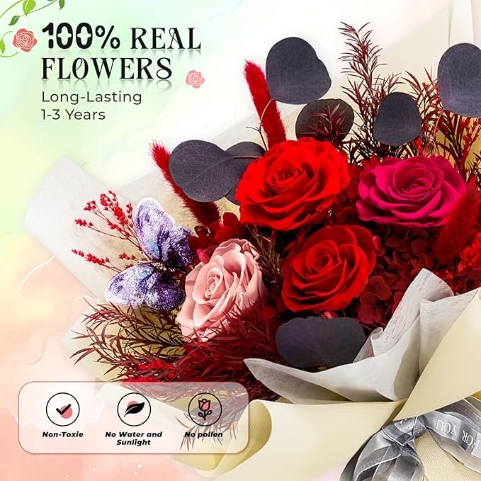 Preserved Flowers Bouquet Roses with Vases,Real Birthday Flowers for Delivery Prime,Forever Glitter Rose Bouquets Kit,Handmade Eternal Rosas Butterfly Gifts for Mom Birthday Women Girl (Red)