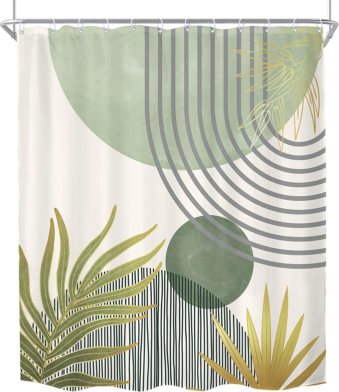 KOMLLEX Mid Century Mint Green Boho Shower Curtain for Bathroom Decor 72Wx78H Inches Abstract Modern Plant Botanical Minimalist Arch Sun Neutral Fabric Waterproof Polyester 12 Pack Hooks