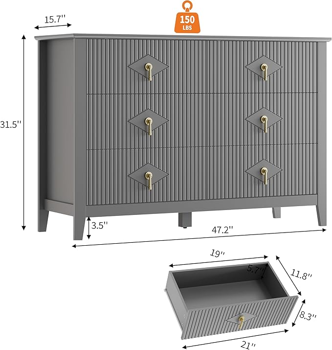 GarveeHome Fluted Dresser for Bedroom, 47.2 Inch Wide 6-Drawer Wood Dresser, Modern Chest of Drawers, Storage Organizer Cabinet for Living Room, Hallway, Entryway, Grey