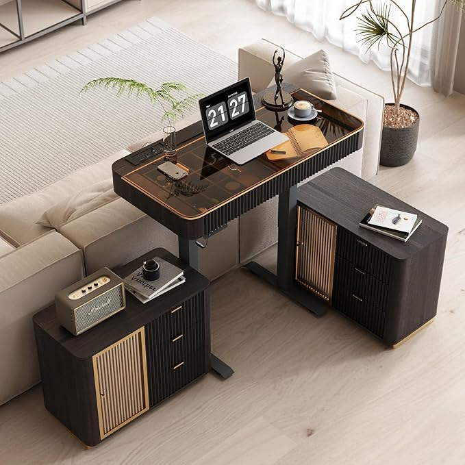 Lartis Office Desk, Electric Standing Desk with Built-in Outlets, Tempered Glass Top Modern Office Computer Desk with 2 Side cabinets (Black Brown, 50)