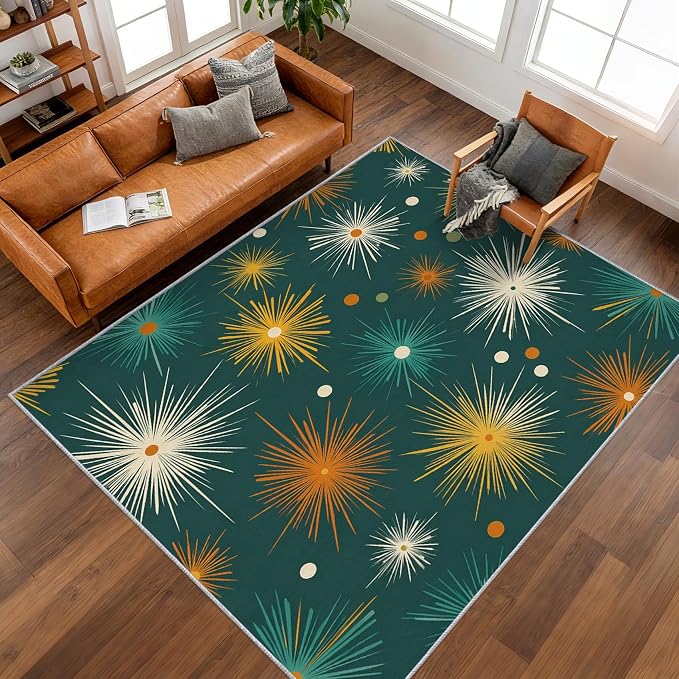 Abstract Atomic Rugs for Living Room Decor, 4x5 ft, MCM Geometric Starburst Area Rugs for Bedroom, Soft Non Slip Washable Mid Century Modern Carpet Home Decorations D-g48