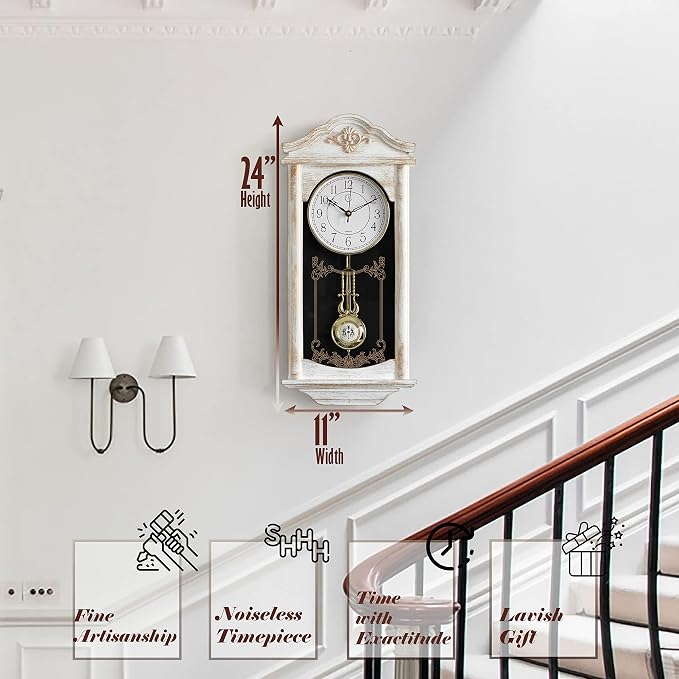 Clockswise Vintage Grandfather Wood - Looking Plastic Antique Pendulum Wall Clock for Living Room Decor, Kitchen, Office, Or Dining Room, Silent Wall Mount Battery-Operated (White)